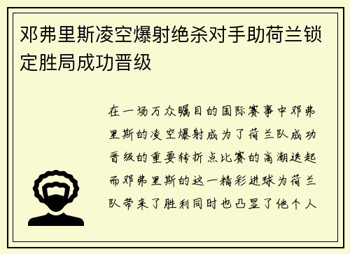 邓弗里斯凌空爆射绝杀对手助荷兰锁定胜局成功晋级
